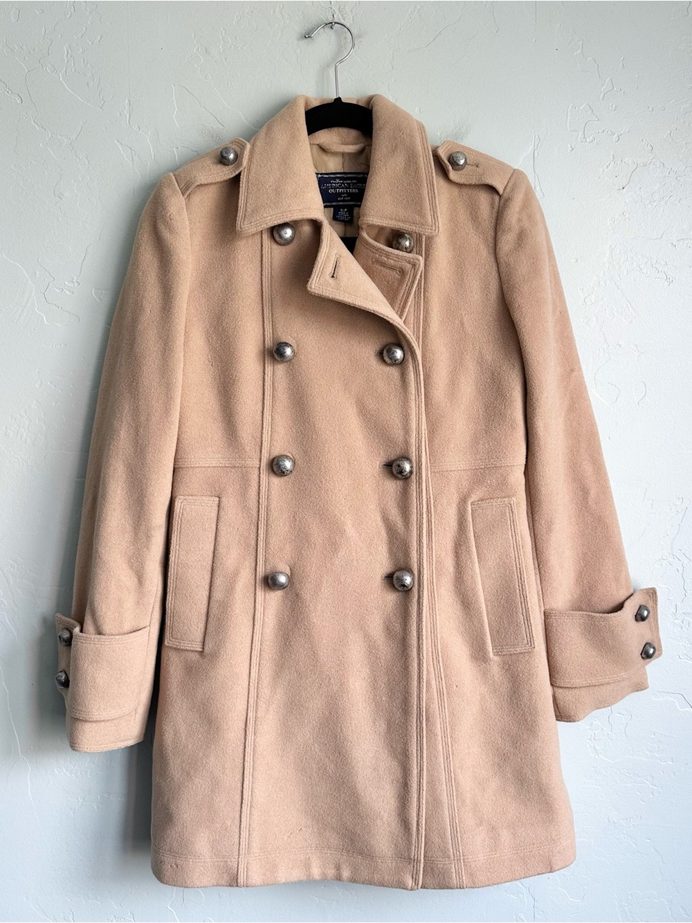Y2K American Eagle Tan Wool Blend Double-Breasted Military Peacoat Small Fall